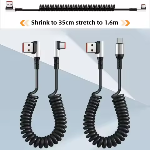 6A USB Type C Data Cable 90° Elbow Car USB Spring PD Fast Charging Cable for iPhone 15 Sumsung Xiaom
