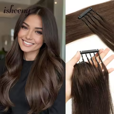 6D Human Hair Extensions 5pin/pc 16-24 inches Natural Straight Brown Hair 6D Micro Link Hair 100-200