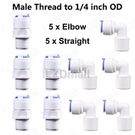 10pcs Quick Connect Push Fit Water Tube Fitting (5 x Elbow + 5 x Straight) Male Thread to 1/4 inch O