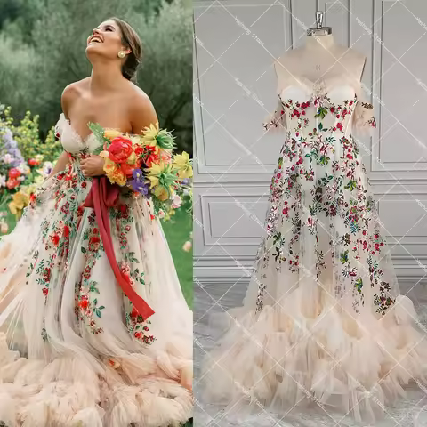 Customized Fairy Colorful Embrioiderey Puffy Wedding Dress Off Shoulders Sweetheart Overlay Tulle Bl
