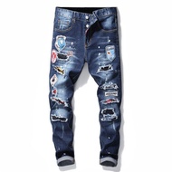 DSQUARED2 Brand Mens Jeans Mens Casual Slim D2 Badge Embroidery Ripped Blue Denim Pants Hip Hop Stre
