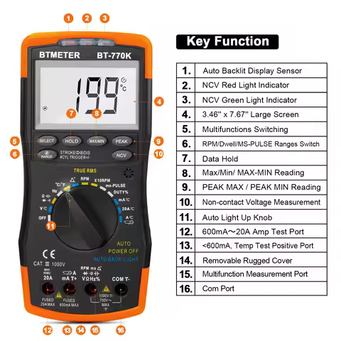 Digital Automotive Multimeter Auto Ranging RPM Tester with Inductive Pickup Dwell Duty Cycle Pulse W