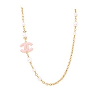 CHANEL 粉色大C LOGO珍珠綴飾項鍊(金色)平行輸入