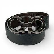 全新未使用 ▲ Salvatore Ferragamo Ferragamo W Gancini 雙面皮革腰帶，黑色，槍灰色五金配件，105，附防塵袋，義大利製造，男士