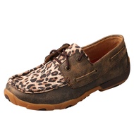 Twisted X Women's Boat Shoe Driving Moc, Distressed/Leopard, 6.5(M)