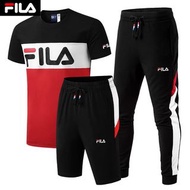 FILA 斐樂運動休閒套裝 三件組 棉質 拼色 刺繡logo 圓領短袖T恤+五分短褲+窄管運動長褲 大碼休閒套裝韓版型男