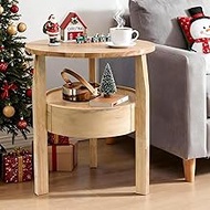 Round Coffee Table with Hidden Drawer - 20" D x 20" H Real Oak Wood Round Side Table with Storage, 2