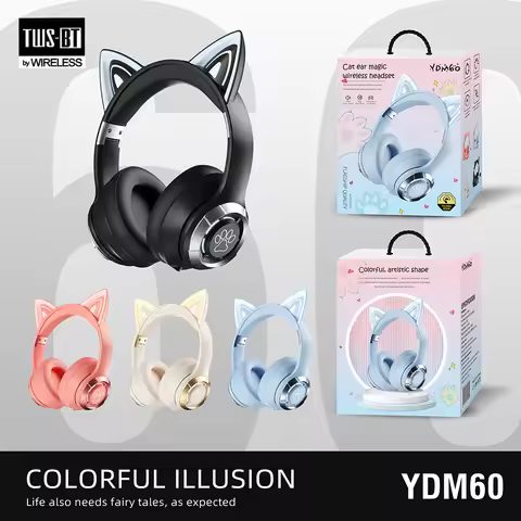 Wireless Bluetooth Headset True Wireless Headphones Foldable Stereo Earbuds RGB Light Cute Cat As Gi