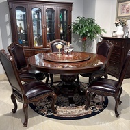 Walnut Combination 9c European Dining Table Chair Round Solid Wood Country Turntable Household Table