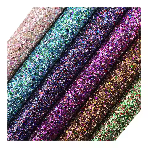 Blue Green Colorful Chunky Glitter Fabic With Elastic Soft Backing Leather For Decorations Craft Sew