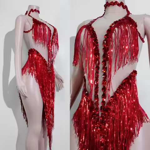 Sparkle Rhinestone tassels latin dress Women mesh team outfit Nightclub Cabaret Performer Costume Se