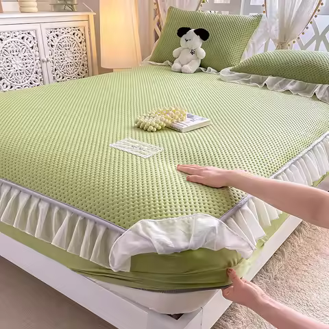 Waffle Cool Breathable Ruffled Fitted Sheet Soft Comfortable Thickened Mattress Cover Queen King Siz