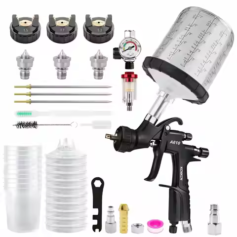 A610 Professional LVLP Air Spray Gun with 1.3/1.5/1.7mm Nozzles & Air Regulator Car Paint Gun Spraye