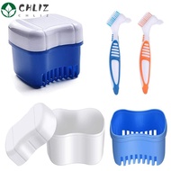 CHLIZ Dentures Container with Basket Durable Cleaning Tool Storage Box Cleaner Brush