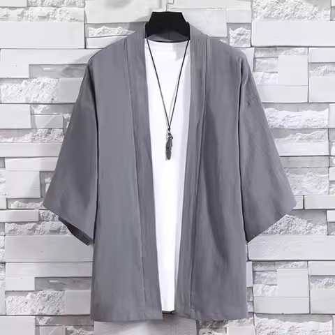 2025 Summer Men Kimono Open Stitch Japanese Jackets Casual Cotton 3/4 Sleeve Shirt Open Front Coat L