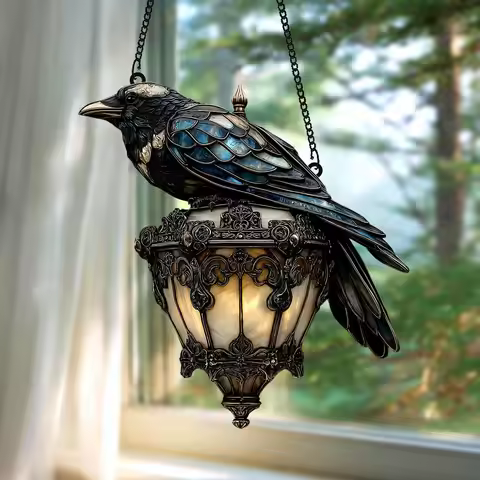 Faux Stained Glass Window Hanging Gothic Gothic Raven Decor Halloween Crow Decor Exquisite Raven On 