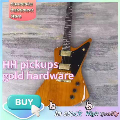 Natural Wood Explorer Angular Electric Guitar, Black Pickguard Gold Hardware HH Pickups Viral Hot Se
