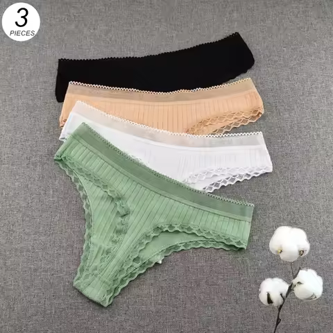 3pcs Ruffles Lace Low Waist Ribbed Cotton Thong Solid Color Women G-string Underwear Seamless Girls 