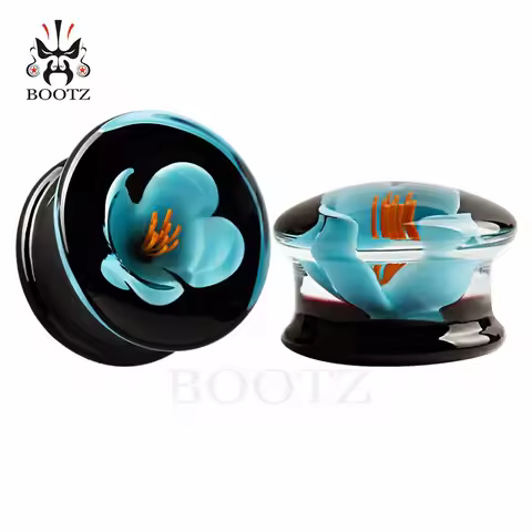 KUBOOZ 1Pair Flower Stone Ear Gauges Natural Plugs, Drum Shape Tunnels 00G, Boho Body Jewelry, Pierc