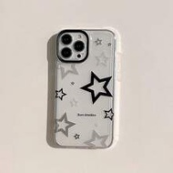 1ชิ้น เคสโทรศัพท์ลายดาวสีขาวดำแฟชั่น Apple 2000s Fashion Y2k เคสโทรศัพท์ลายดาวสีเทา-ดำ-เงินใส กันน้ำ