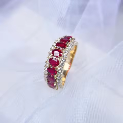 Luxurious 24K real gold ruby classic ring au999 gold group set round deep red tail ring for women
