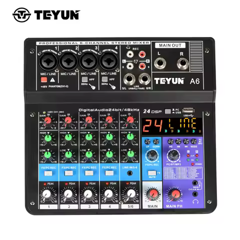 6 Channels Audio Mixer 48V 24 DSP Effects USB Bluetooth Sound Table 4 Mono 1 Stereo Mixing Console f
