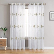 Sheer Curtains Embroidered BrownDiamond Design White Lace Curtains Bedroom Grommet Top 7ft Long L-9