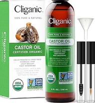 Cliganic USDA Organic Castor Oil, 100% Pure (8oz with Eyelash Kit) - For Eyelashes, Eyebrows, Hair &amp; Skin | Natural Cold Pressed Unrefined Hexane-Free