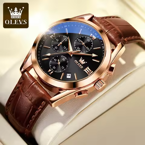 OLEVS 2872 Quartz Sport Watch Gift Round-dial Leather Watchband Wristwatch Chronograph Calendar Lumi