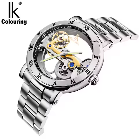 IK Colouring Men Watch Bridge Skeleton Automatic Self Winding Mechanical Stainless Steel 5ATM Lumino