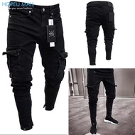 HOPEU Skinny Ripped กางเกงยีนส์สำหรับผู้ชายกางเกงขายาวผู้ชายสลิมฟิต Multi-pockets Casual Pent สำหรับ