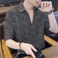 Baju t shirt lelaki berkolar baju collar lelaki Floral shirt Men Short-Sleeved Summer Ice Silk Half-