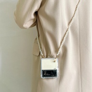 เคสสายสะพายไหล่ยาวแฟชั่นสะพายข้างประดับมุกสำหรับ Samsung Galaxy Z Flip 7 6 5 4 3 5G คอฝาครอบ TPU โปร