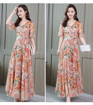 LOMOGI Đầm Maxi Nữ Đầm Maxi Dài Rộng Tay Ngắn Cổ Chữ V In Hoa Mùa Hè