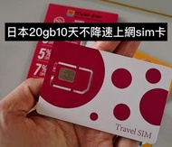 日本電話卡sim card 20gb 10天 不降速 $130 SoftBank 不含通話 保證不斷網