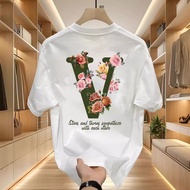 T-shirt Keme Jabaju Kolar Pendek Kain Katun Baju Trendy Lelaki Wanita Kain Katun Bunga Peony Huruf V