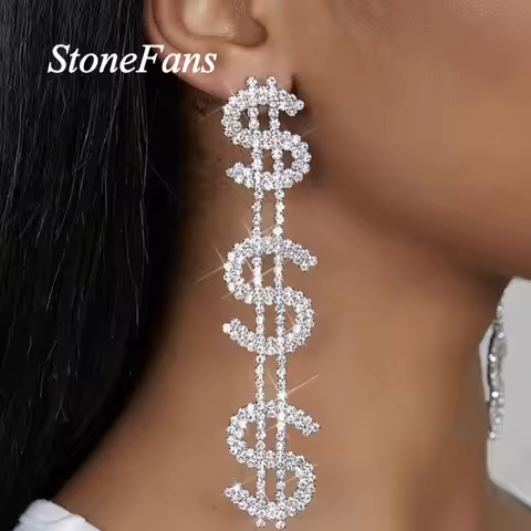 Stone Fans Fashion New Long Dollar Earring Retro Jewelry For Women 2021 Exaggerated Shiny Letter Rhi