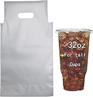 Drink Carrier for Delivery 32oz, 100PCS Clear Plastic Bags with Handle for Drink Cups/Coffee Cups/Te