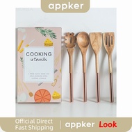 APPKER Wooden Cooking Utensils Copper Serving Cooking Utensils Sets Wooden Serving Spoons With Pink Rose Gold Handles Scoop kitchen Accessori READY STOCKes Solid Wood Cooking Tool Set sudu kayu wooden spoon spatula cooking set 廚房用具 wood spoon