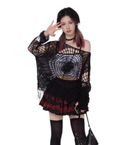 Pbkabiug Fairy Grunge Clothes Y2k Clothes Y2k Spider Web Hollow Hole Design Spice Girl Hooded Pullov