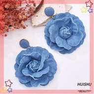 HUISHU Denim Blue Fabric Earrings, Exaggerate Handmade Blue Rose Earrings, Denims Ornament Flower Ea