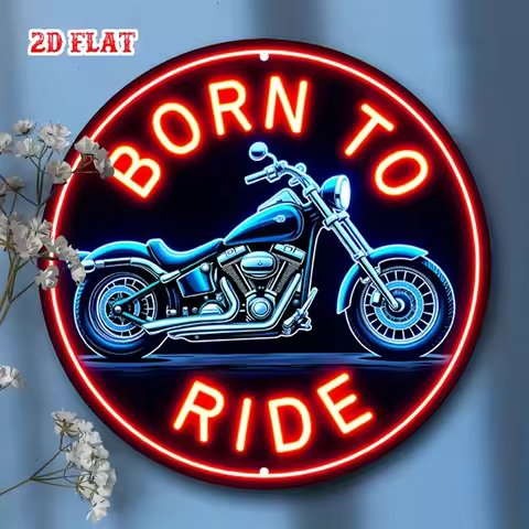 Vintage Motorcycle Neon Sign - 'Born to Ride' 7.8x7.8" Round Aluminum Wall Art, Blue & Red for Bar C