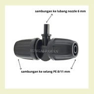 2 branch connector connection PE hose 8/ 11 mm - 3/8 or 5/ 16 inches to 6 mm nozzle hole lock nut ga