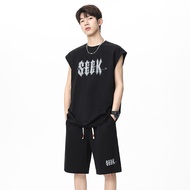 Sleeveless Vest Men's Set American Loose Fitness Sports Hurdles Cut Sleeve Top Waistcoat Ice Silk Se