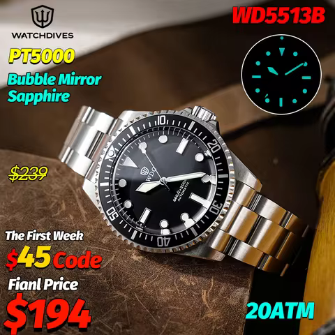 Watchdives WD5513B Automatic Dive Watch Pt5000 Mechanical Watch 200M Waterproof Bubble Mirror Sapphi