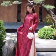 Modern 4-panel ao dai made of luxurious red Silk Brocade with pink bow - Phuong Huyen Store AD51
