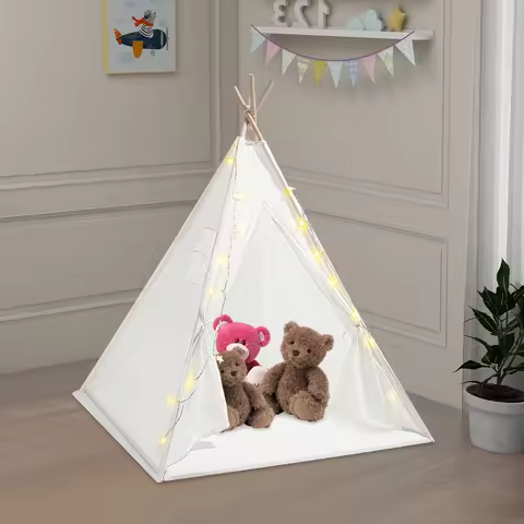 Modern Kids Teepee Tent with LED Lights & Padded Mat Foldable 47×55in Cotton Playhouse for Indoor/Ou
