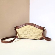 絕版中古包 Celine拉菲草拼皮革馬鞍包側背包 斜孭包 單肩包 古董