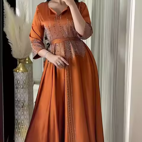 Muslim Satin Dress for Women Fashion Diamond Evening Dress Abaya Dubai Dinner Robe Muslim Dress Wome
