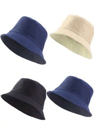 1頂純色雙面可穿漁夫帽,度假休閒扁頂遮陽帽,可摺疊桶帽